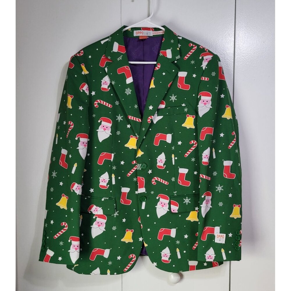 OPPOSUITS Men's SZ 40 Christmas Holiday Fun Suit Jacket Green Santaboss Print